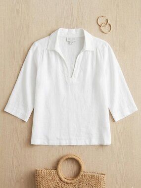 SIGRID OLSEN | White Linen V-Neck Tunic Top Sz M